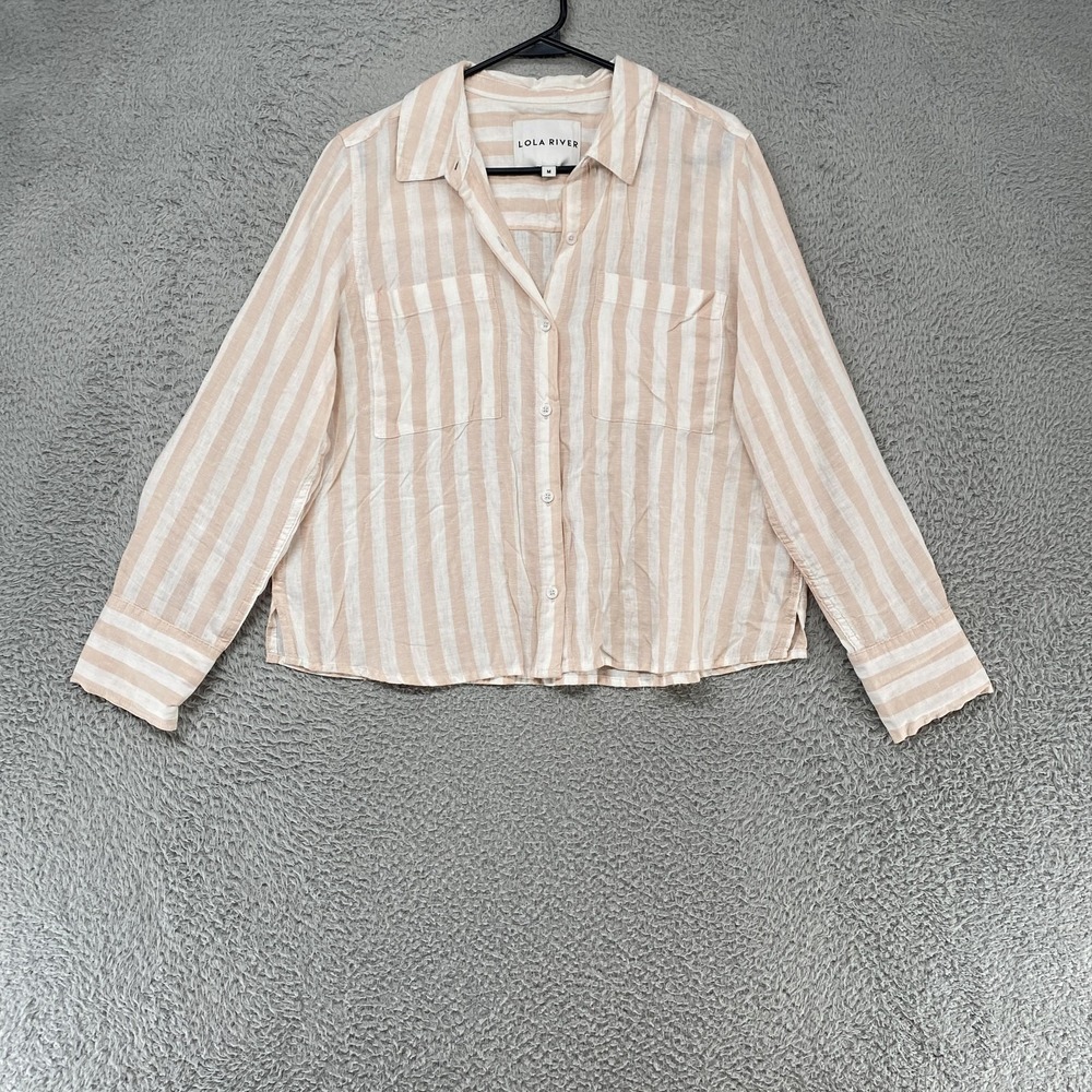 Lola River Linen Shirt Womens Medium Beige Stripe Relaxed Button Up Coastal
